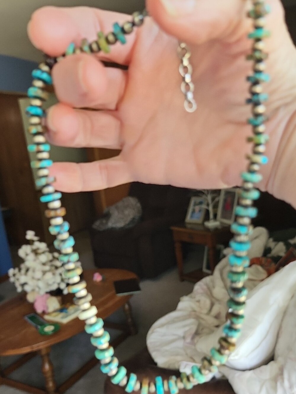 Authentic Turquoise And Desert Pearl Silver Bead Necklace - Women's Jewelry - Picture 5 of 5